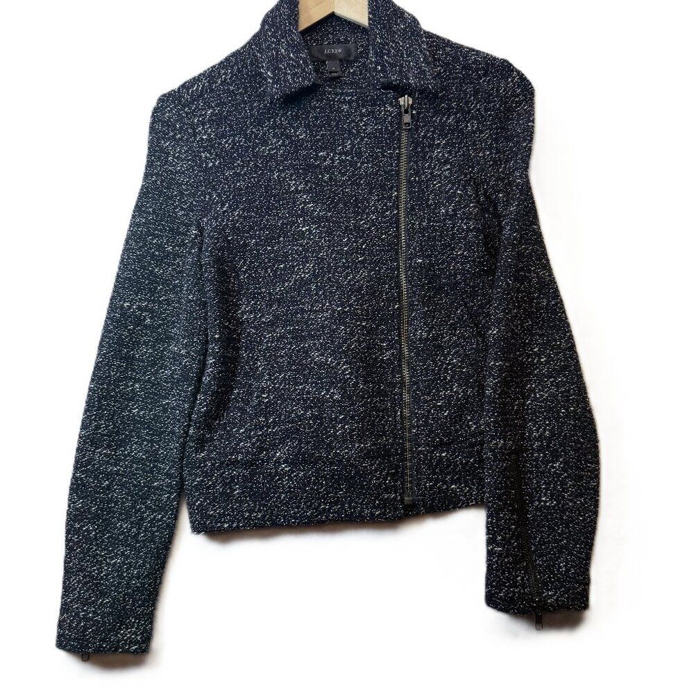 J.Crew Navy Speckled Knit Moto Jacket Asymmetrical Zip Wool Blend Size 4 Casual